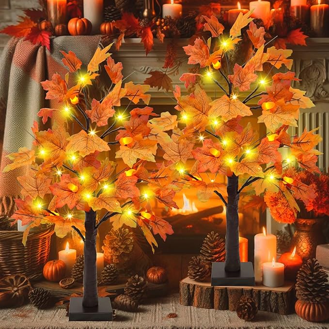 Uieke 24inch Lighted Artificial Fall Maple Tree Fall Decor 24 LED Tabletop Fall Tree with 6 Pne Cones Lights Battery Operated with Timer, Fall Decorations for Home Thanksgiving Autumn Harvest Decor