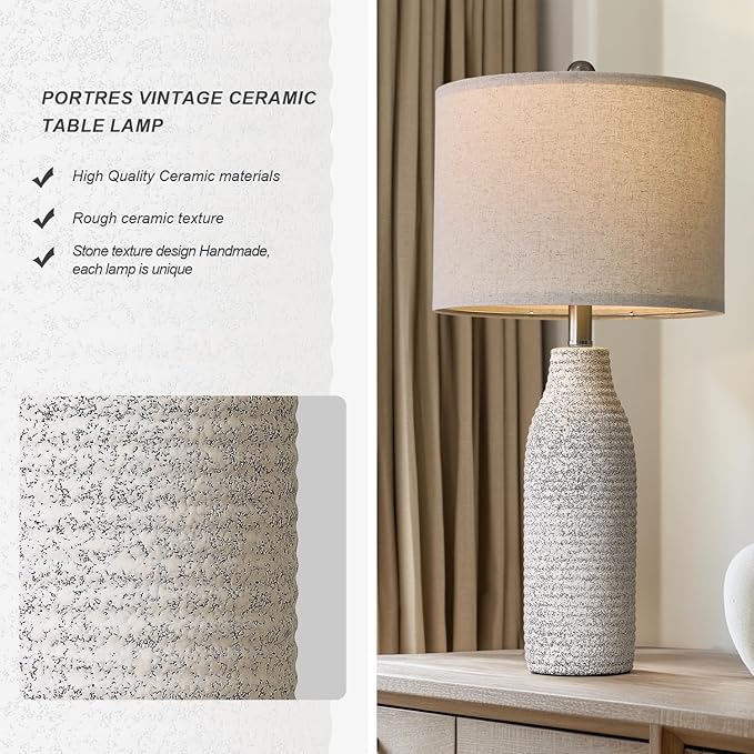 PORTRES 25" Ceramic Table Lamp for Bedroom Bedside Lamps for Night Stands Modern Lamps for Living Room with Rotary Switch Gray and White（1Pack）