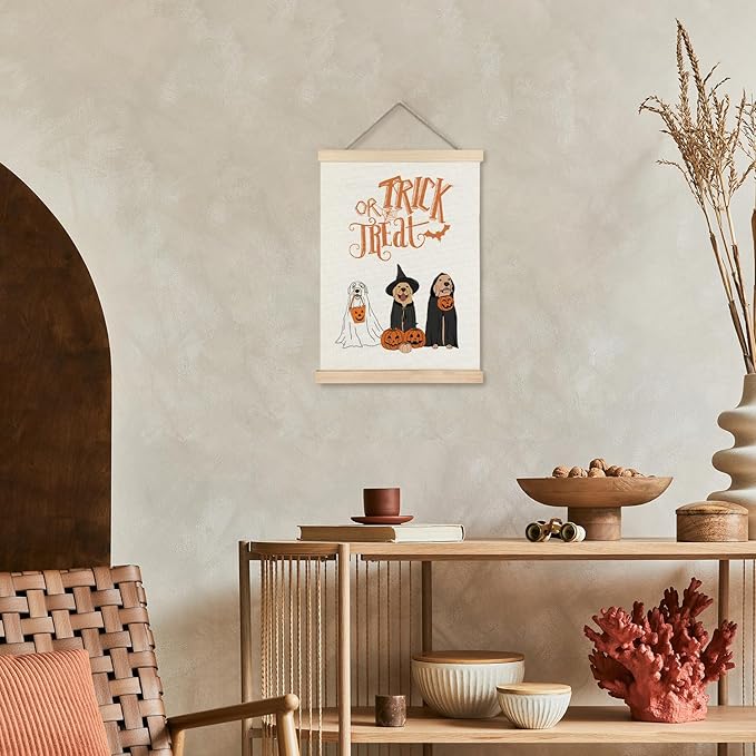 Supwhd Trick or Treat Halloween Ghost Dogs Pumpkin Wall Art with Wooden Poster Hanger, Ghost Dog Decor, Halloween Pictures Wall Decor, Spooky Wall Decor, 12x16