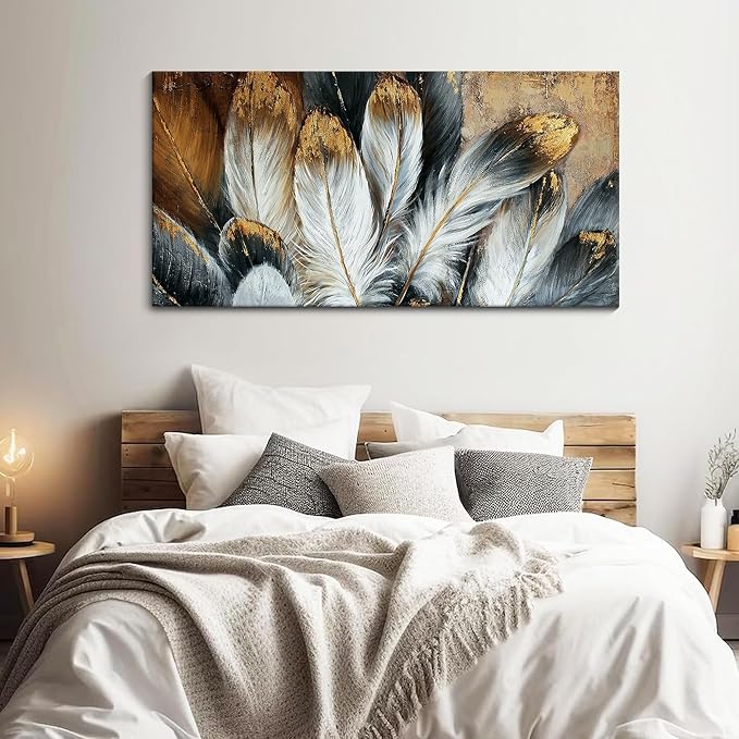 Feather Wall Art Modern Living Room Bedroom Wall Decoration Large Giclee Print Canvas Painting Artwork for Home Decor One Piece White Gold Brown Feather Picture Ready to Hang 24x48 Size