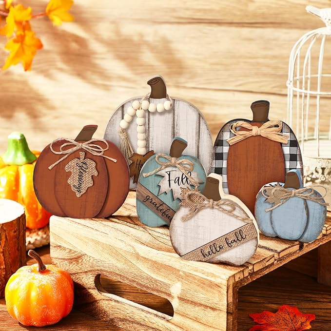 6 Pcs Fall Decorations Modern Rustic Pumpkin Wooden Sign Autumn Farmhouse Pumpkin Block Table Centerpiece Grateful Blessing Tiered Tray Decor for Fall Thanksgiving Home Office Desk Decor