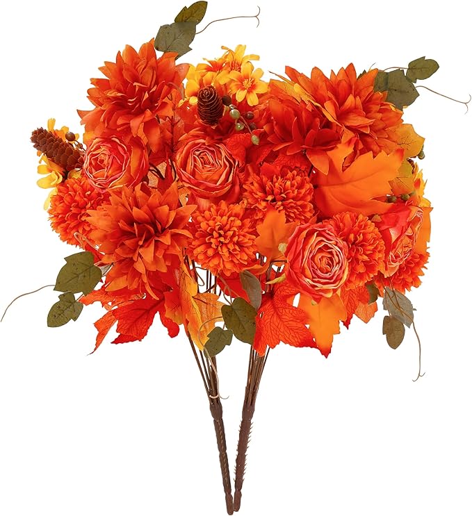 Anna's Whimsy 2 Pcs Fall Artificial Flowers,Artificial Plants Indoor, Fall Decor Silk Flowers Bouquet for Home Wedding Thanksgiving Decoration (Orange, 2)