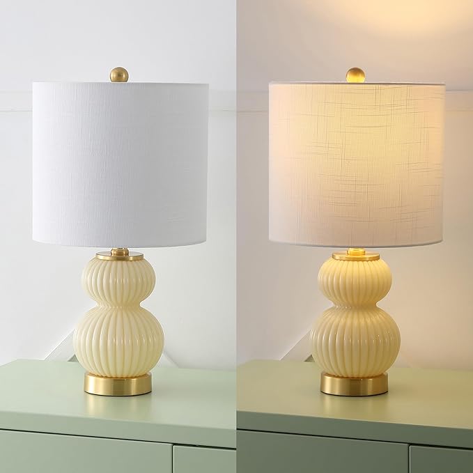 JONATHAN Y JYL1099G Daphne 20" Contemporary Transitional Metal/Glass Ribbed Gourd LED Table Lamp Bedroom, Living Room, Office, Dining Room, Ivory/Brass Gold