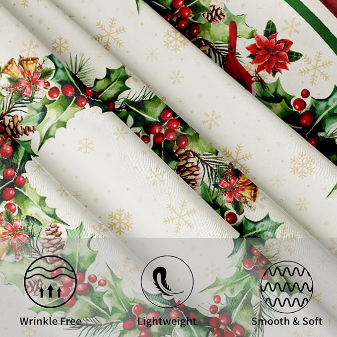 Christmas Holly Tablecloth Round 60 Inch Winter Red Birds Watercolor Leaves Decorative Table Cloth Christmas Holiday Round Table Cover Seasonal for Home Kitchen Dining Party Indoor Outdoor Decor