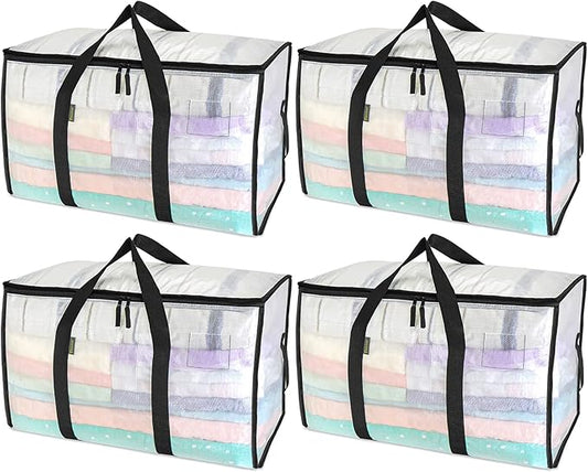 BALEINE 4-Pack Oversized Moving Bags with Reinforced Handles, Heavy-Duty Storage Tote for Clothes, Moving Supplies (Clear, 4-Pack)