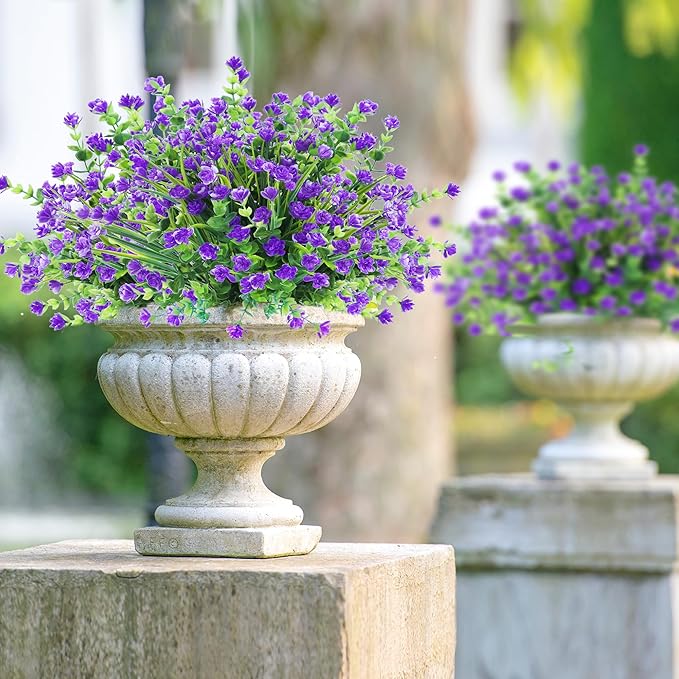 Sggvecsy Artificial Flowers for Outdoors 24 Bundles UV Resistant Boxwood Shrubs Artificial Eucalyptus Fake Plants Faux Plastic Greenery for Farmhouse Garden Home Indoor Outdoor Decoration（Purple）