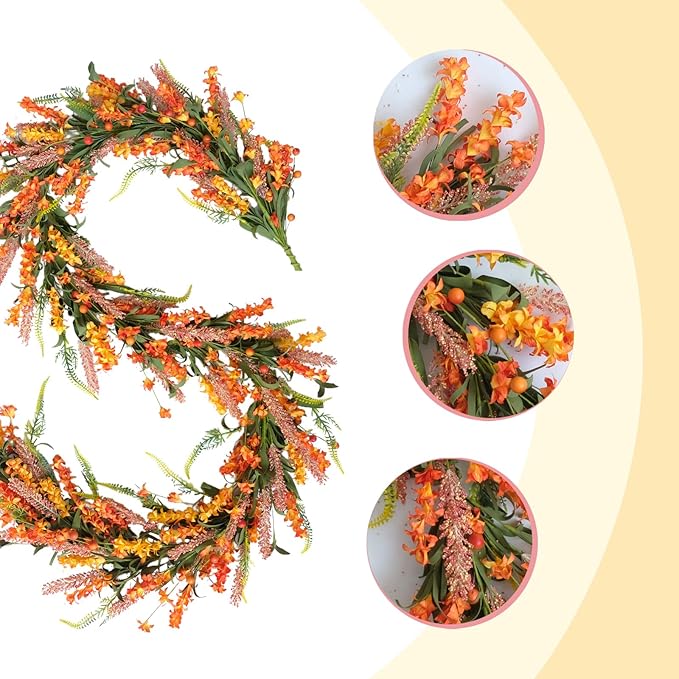 70 Inch Fall Flower Garland with Berries for Front Door, Harvest Orange Floral Wreath Garland for Indoor Outdoor, Fall Artificial Flower Garlands for Home Decor