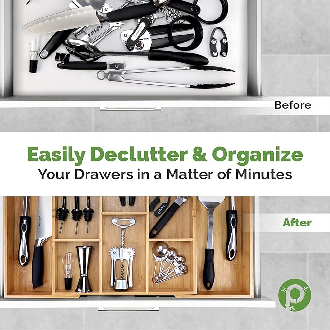 Expandable Drawer Organizers for Kitchen - Extra Deep Non-Slip 17” x 14.6” (expands up to 25 inches) - Dark Wooden Silverware Divider (10 Compartments) – Organize Cooking Utensils