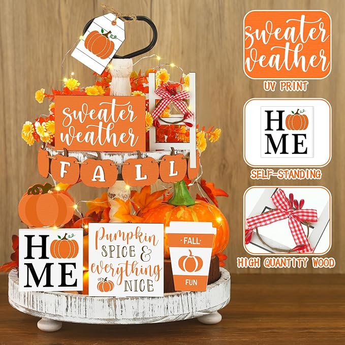 Sumind 15 Pcs Fall Tiered Tray Decor Set Fall Decorations for Home Autumn Wood Signs Thanksgiving Orange Brown Table Signs Farmhouse Wooden Maple Pumpkin Gnomes Tabletop for Festival(Home)