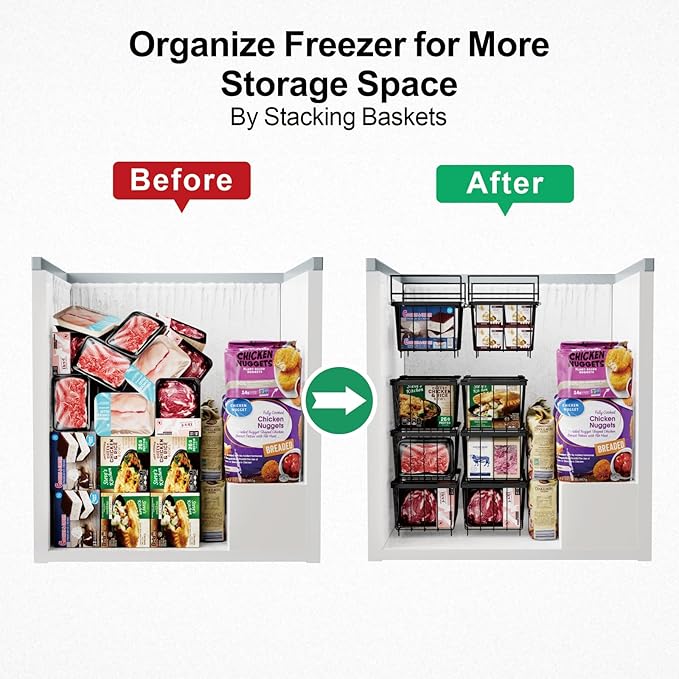 iSPECLE Freezer Organizer Bins - 15.8" to 18.1" Extendable Length Freezer Baskets for Chest Freezer for 7 Cu.Ft Deep Freezer, 2 Hanging Baskets and 4 Stackable Bins, 6 Pack Black