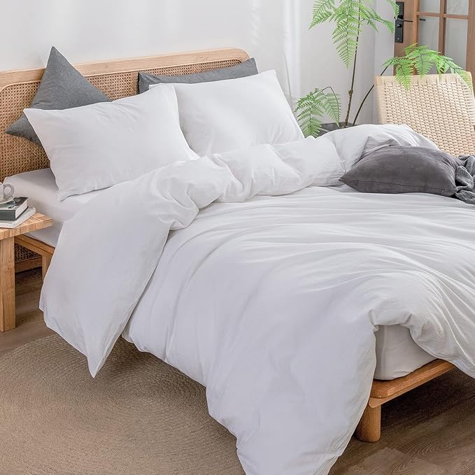 BESTOUCH Duvet Cover Set 100% Washed Cotton Linen Feel Super Soft Comfortable Chic Lightweight 3 PCs Home Bedding Set Solid Bright White Oversized King