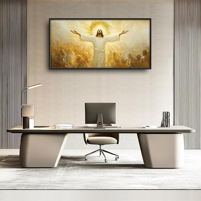 Jesus Framed Wall Art for Living Room, Large Christ Canvas Wall Decor, Jesus Golden Light Pictures Painting, Modern Artwork for Bathroom Bedroom Office 60L'' × 30W''