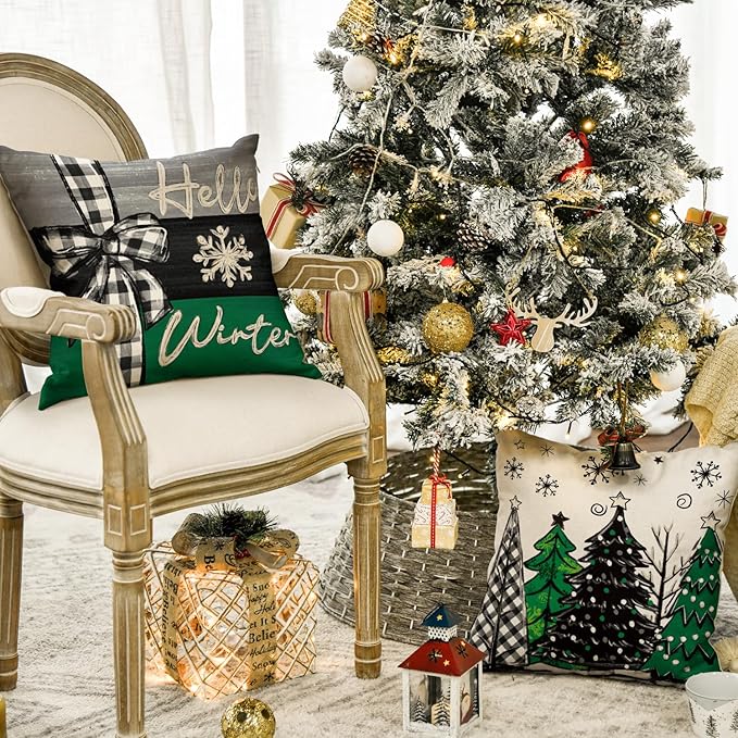 AVOIN colorlife Merry Christmas Joy Xmas Trees Green Throw Pillow Covers, 18 x 18 Inch Christmas Winter Holiday Cushion Case Decoration for Sofa Couch Set of 4