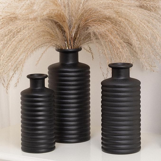 Black Ceramic Vases for Home Decor, Modern Farmhouse Frosted Semi Matte Textured Decorative Vase Set, Unique Vase for Entryway, Coffee Table, Shelf, Small Pampas Grass and Flowers