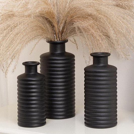 Black Ceramic Vases for Home Decor, Modern Farmhouse Frosted Semi Matte Textured Decorative Vase Set, Unique Vase for Entryway, Coffee Table, Shelf, Small Pampas Grass and Flowers