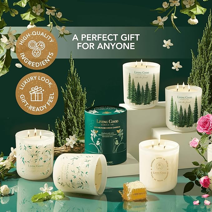 Midnight Jasmine Beeswax Candle - Nostalgic Soft Jasmine with Pink Pepper & Vanilla - Subtle & Refreshing - 90+ Hours of Clean & Non-Toxic Burn - Hand-Drawn Jar - Perfect Unique Gift - 15 OZ