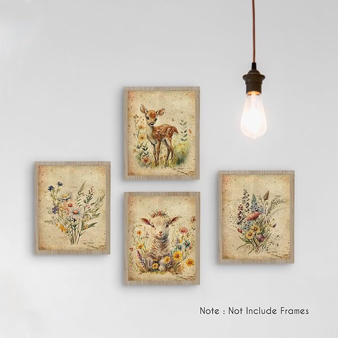 HRQKO Vintage Wildflower Animal Wall Art Poster Prints Set of 4, Botanical Wall Art, Wildflower Artwork Printing Posters Wall Decor, Farm Deer Lamb Decor for Living Room Bedroom 8”x10” Unframed