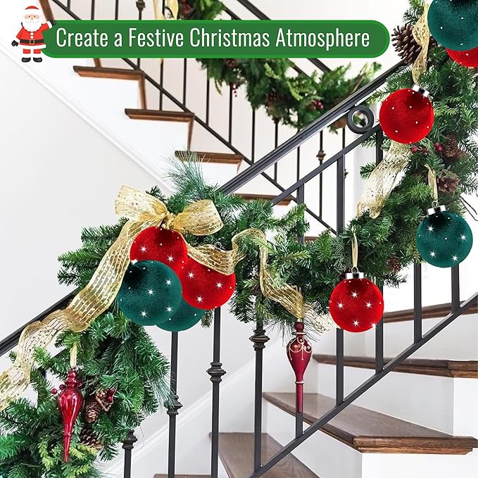 Christmas Tree Ornaments Set Velvet Balls, 12pcs Shatterproof Christmas Bulbs Ornaments for Xmas Tree Decorative Hanging, Vintage Flocked Decoration, 78mm, 3.1in, Multicolor Green Red