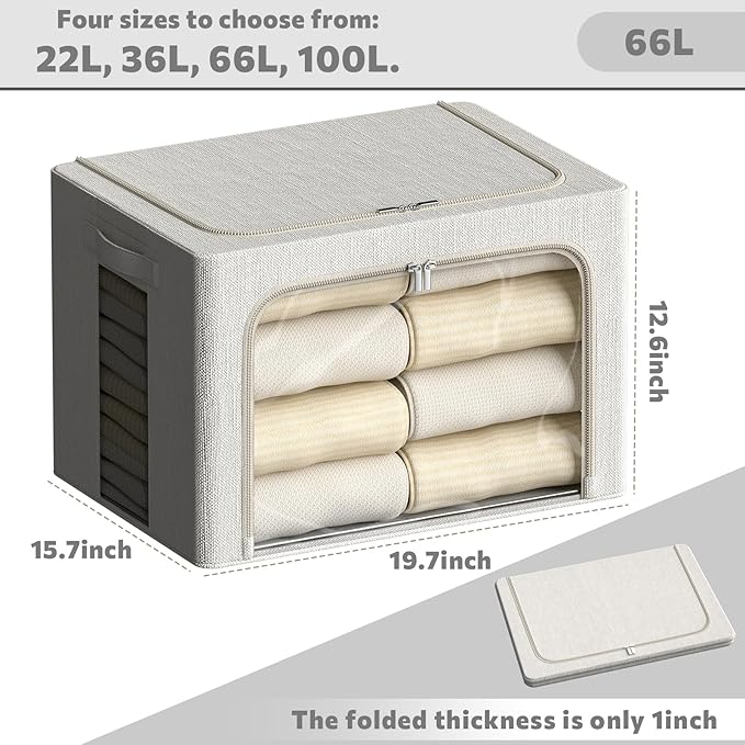 2 Pack Clear Window Storage Bins Large Stackable Linen Fabric Storage for Clothes Foldable Container Organizer Set with Carrying Handles (Lvory White, 19.7x 15.7x 12.6 Inch)