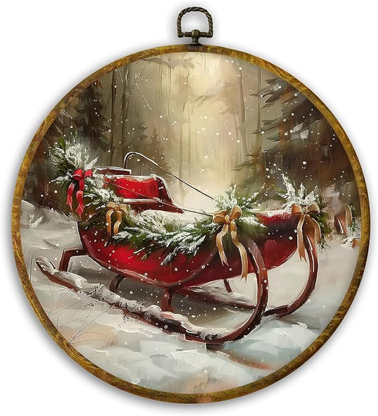CUANFDDSF Vintage Christmas Sleigh Round Wall Art Decor, Rustic Farmhouse Winter Xmas Sleigh Holiday Wall Hanging Frame Decor, Cozy Christmas Canvas Prints Decorations for Home Bedroom, 10x10 Inch