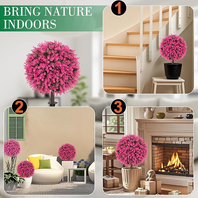 Set of 2 Artificial Pink Boxwood Topiary Ball Bush for Outdoor with Ground Spike 22", UV Resistant Faux Greenery Shrubs, Fake Pink&Green Boxwood Plants for Garden, Yard, Porch, Patio Decor