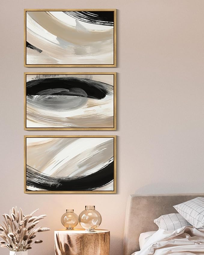 KUVIOKE Black Neutral Abstract Framed Wall Art Modern Minimalist Graffiti Pastel Wall Decor Art for Bedroom Living Room Hallway Ready to Hang 16x24in (Natural Framed)