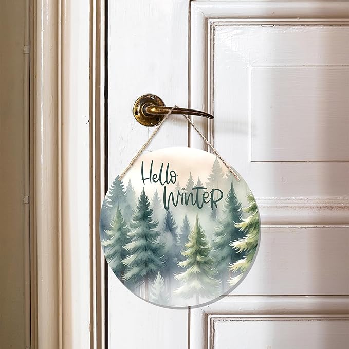 CGBHW Hello Winter Welcome Forest Wooden Sign, Winter Farmhouse Pine Trees Holiday Seasonal Decoration Hanging Sign Wall Decor, Rustic Christmas Wooden Sign for Home Office Nursery Door Decor 12 x 12 Inch