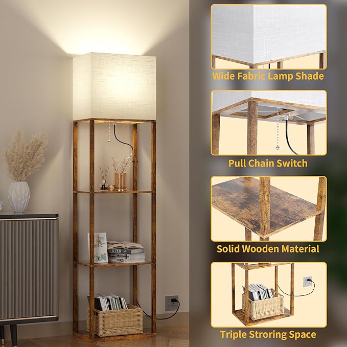 Dott Arts Floor Lamp with Shelves, Wide Floor Lamps for Living Room Display Shelf Lamps with 3 Color LED Bulb,Storage Wood Modern Floor Lamp for Bedroom Standing Lamp for Living Room Office（Brown）