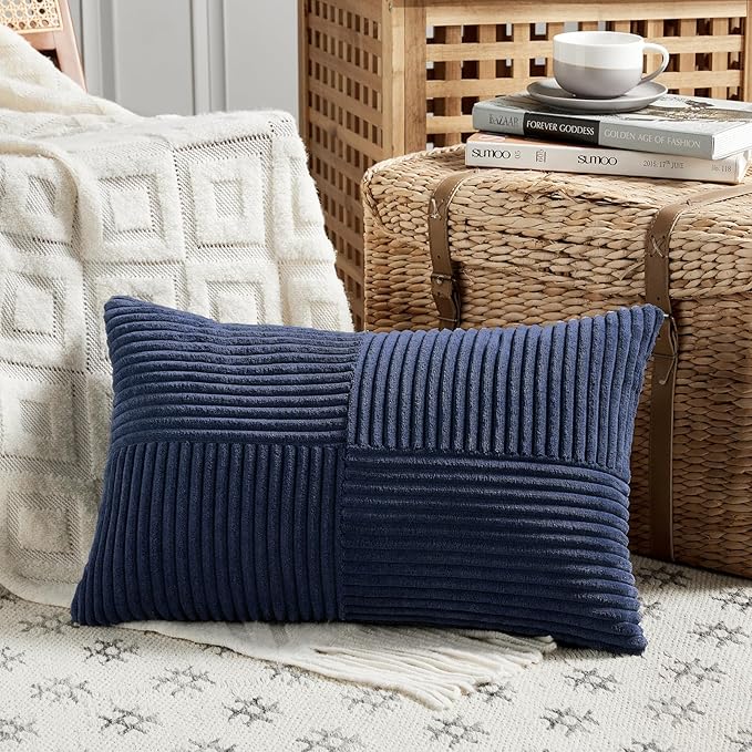 Fancy Homi 4 Packs Navy Blue Lumbar Decorative Throw Pillow Covers 12x20 Inch for Living Room Couch, Rustic Farmhouse Boho Home Decor, Soft Striped Corduroy Rectangle Accent Cushion Case 30x50 cm