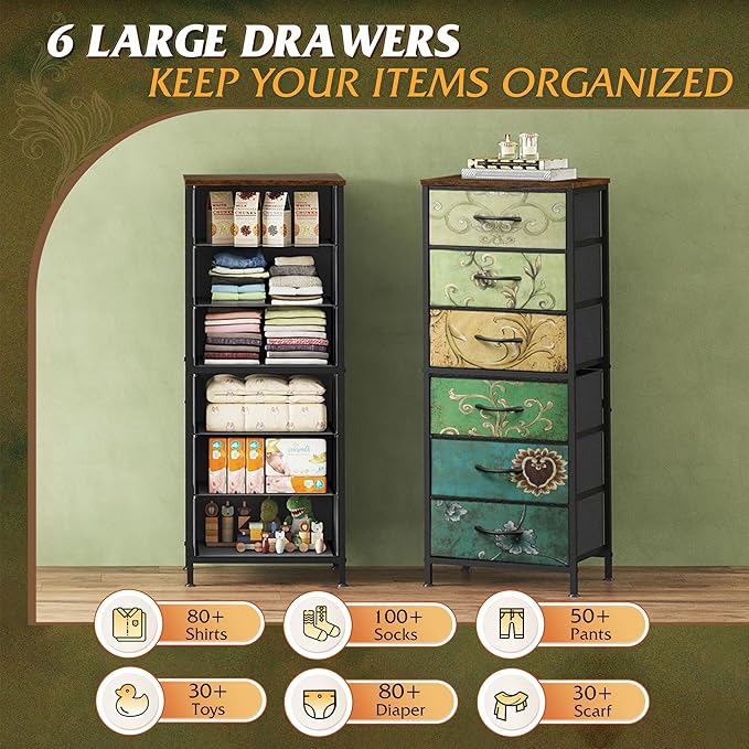 WLIVE Tall Dresser for Bedroom, 6 Drawer Dressers & Chests of Drawers, Fabric Dresser for Closet, Living Room, Night Stand with Metal Frame, Storage Tower with Fabric Bins, Wood Top, Floral Painted