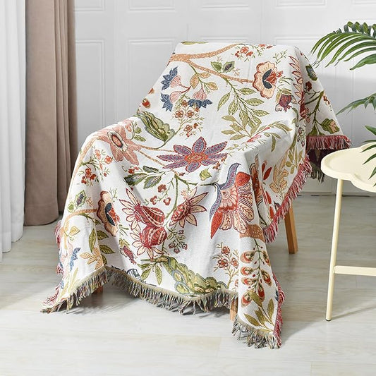 Boho Throw Blanket Reversible Cotton Bohemian Tapestry Hippie Room Decor Double Sided (Boho Flower Dark 50"x60")