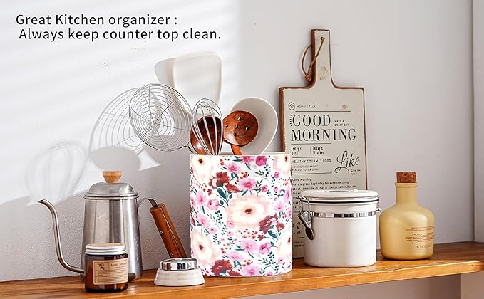 Kitchen Utensil Holder,7.2″Extra Large Stable Pattern Ceramic Utensil Crock,Utensil Organizer for Countertop,Kitchen Decor,Utensil Holder for Housewarming,Wedding Gift (Pink White)