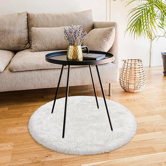 Tie Dye White Round Rugs Small 3x3 ft Fluffy Circle Rug Furry Carpet Shaggy Circular Fuzzy Plush Area Rug for Girls Bedroom Kids Room Living Room Nursery Cute Room Decor Pet mat Doormat