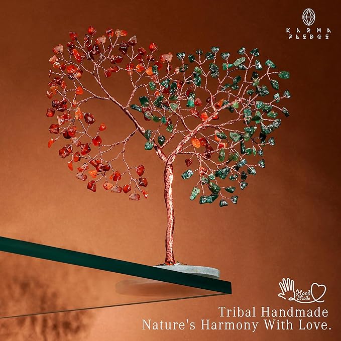 Crystal Tree for Home and Office Decoration, Carnelian & Green Aventurine Healing Stones Handmade Tree of Life for Positive Energy, Money, Good Luck, Christmas Decor, Birthday Gifts for Women, Mom