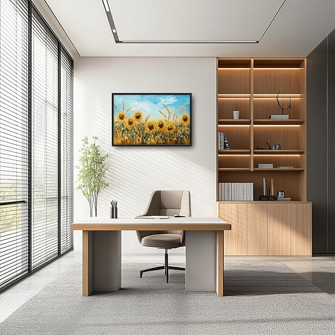 Olivine Large Wall Art, Sunflower Pictures Wall Decor, Sunflower Wheat Painting, Nature Landscape Canvas Prints, Framed Artwork for Living Room Bedroom Bathroom Office Home Decoration 36"x24"