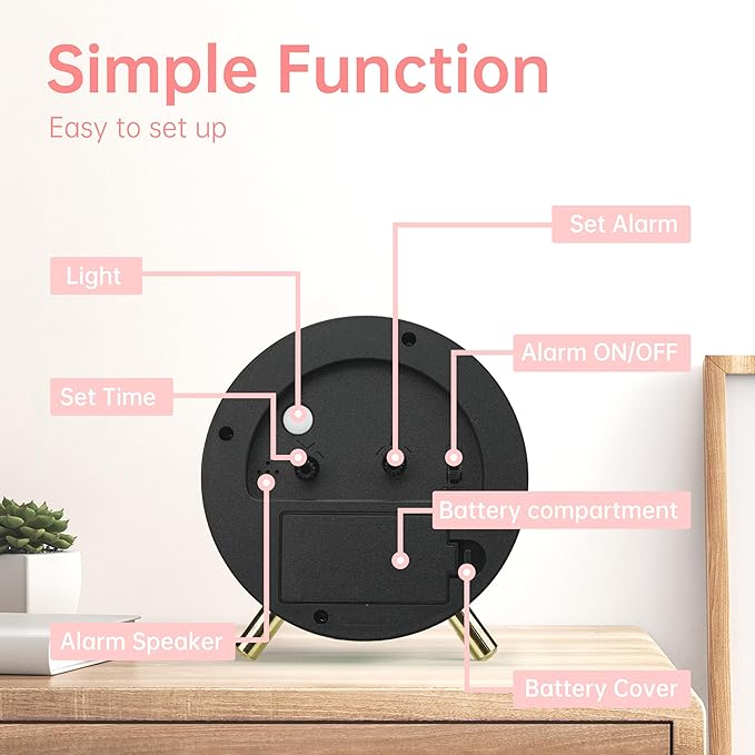 Analog Alarm Clock, 4 inch Super Silent Non Ticking Small Clock with Night Light, Battery Operated, Simple Design, easy setting for Office, Bedroom, Bedside, Desk, teens, elders, kids, adult, Pink