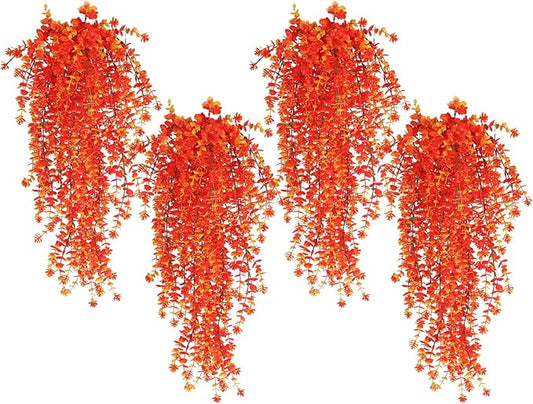 SJL Artificial Hanging Plants Pack of 4 Fall Faux Hanging Plants Artificial Decor Faux Eucalyptus Leaf Fake Autumn Plant Plastic Greenery Plant Flowers for Kitchen Bathroom Thanksgiving Decor(Gold)