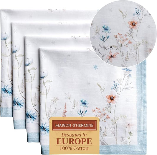 Maison d' Hermine Cloth Napkins Set of 4 100% Cotton Everyday Reusable Square Napkins Cloth Washable, Dinner, Party, Wedding, Restaurant (Ice Florals, 20" x 20")