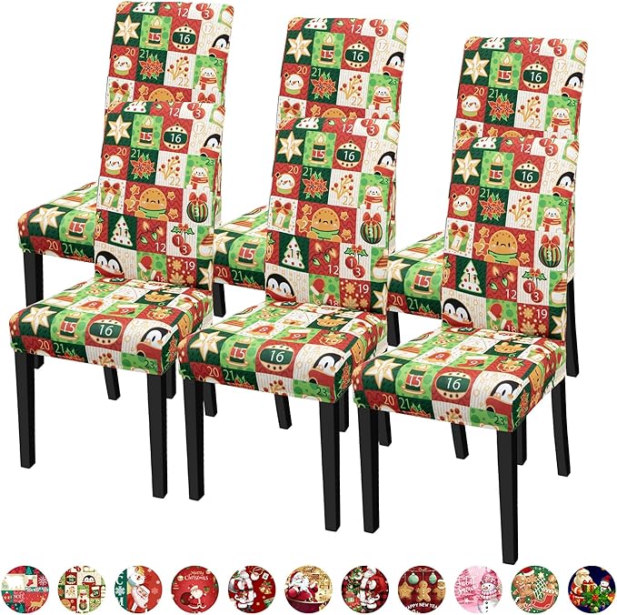 Christmas Chair Covers for Dining Chairs, Dining Room Chair Covers Set of 6, Stretch Parsons Chair Slipcovers, Removable Washable kitchen Chair Cover for Home Hotel Banquet Holiday Decoration