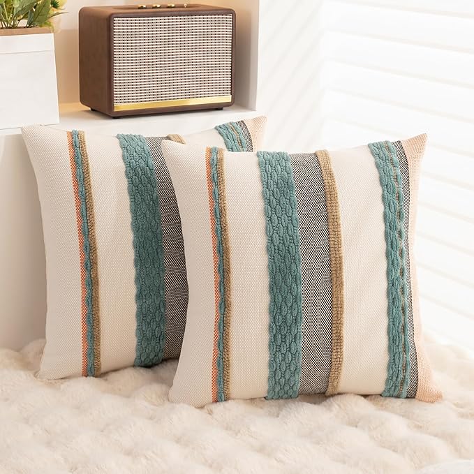 Boho Throw Pillow Covers 18x18 Set of 2 Farmhouse Decorative Cushion Case Striped Square Pillows Cover Chenille Pillow Cases Accent Neutral Pillowcase for Sofa Couch Bed,Blue