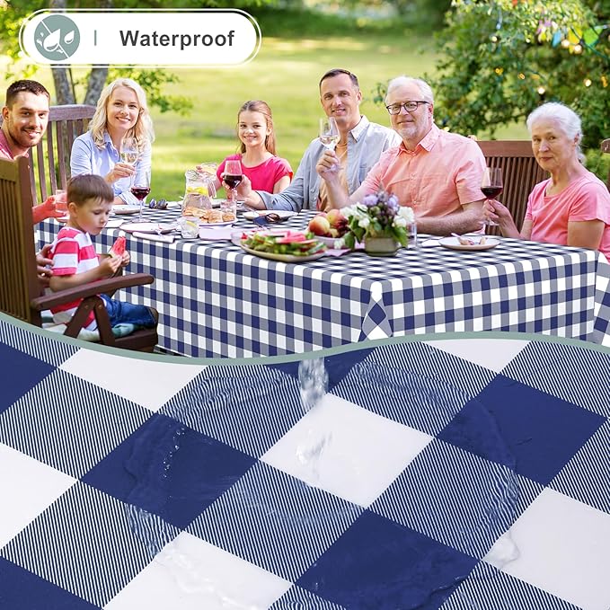 misaya Rectangle Waterproof Vinyl Table Cloth, Buffalo Flannel Backed Tablecloth, Wipeable Plastic Table Cover for Dinner, Kitchen, Outdoor (54" x 78", White and Navy)