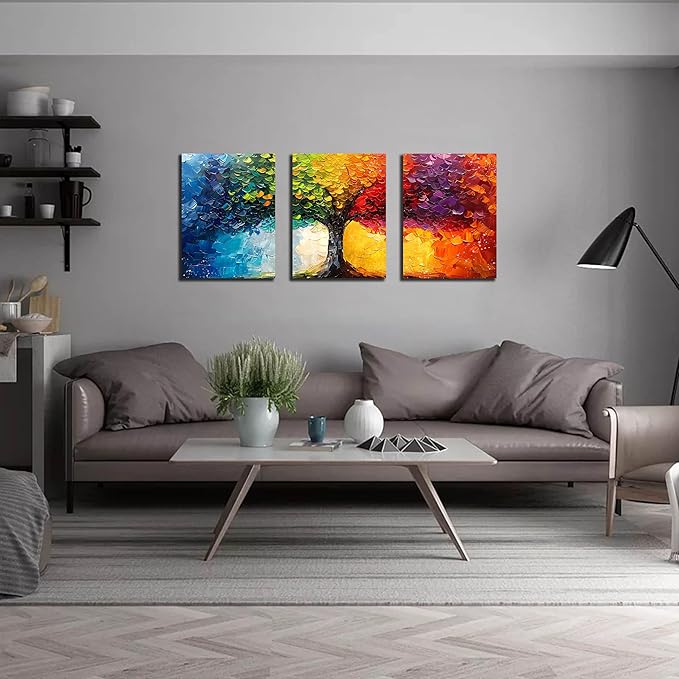 Tree Pictures Wall Art for Living Room - Modern Wall Decor for Office Women - Colorful Wall Decor for Bedroom Size 12" x 16" x 3 Pieces