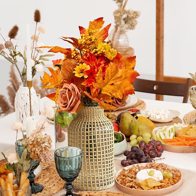 GENMOUS Fall Decor - 2 Pcs Artificial Fall Flowers, Fake Flowers for Autumn, Faux Fall Floral Arrangements Stems Maple Leaf for Home Fall Wedding Bouquet Table Centerpieces Thanksgiving Decoration