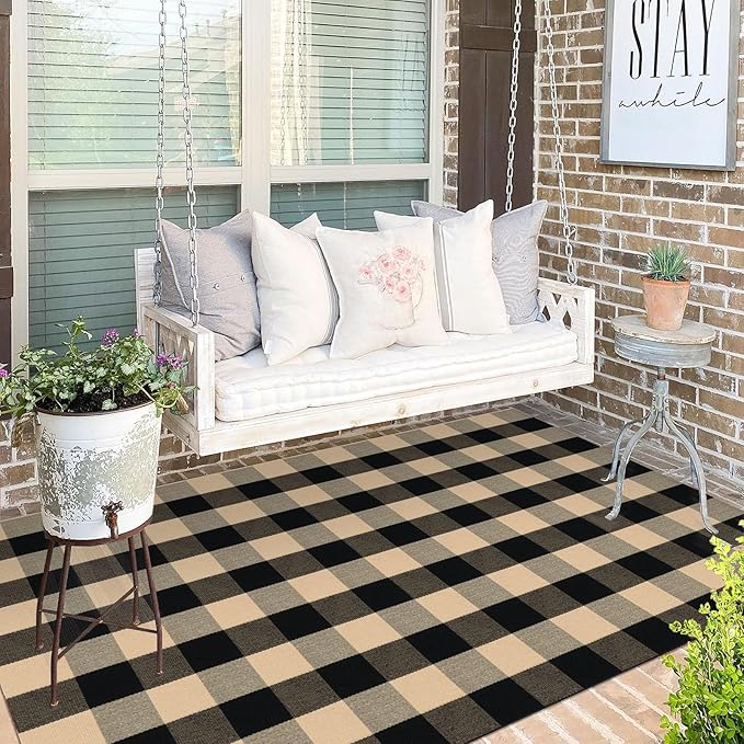 KOZYFLY Buffalo Plaid Area Rug 4 x 6 Ft Brown and Black Checkered Rug Washable Outdoor Rugs Cotton Rugs for Bedroom Front Door Mat Carpet for Front Porch Living Room Dining Room Kitchen