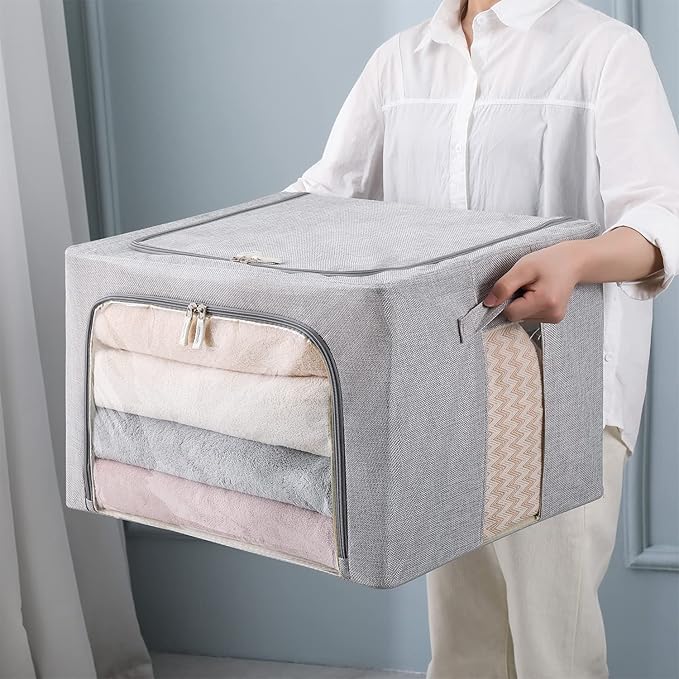 3Pack Foldable Storage Bins - Frame Storage Box Linen Fabric Stackable Clothes Container Organizer with Clear Window & Carry Handles Large Capacity (Large-66L, Light Grey)