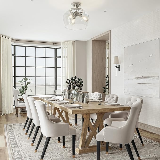 VONLUCE Semi Flush Mount Ceiling Light, 13.8" Ceiling Light Fixture with Clear Glass Shade, E26 Base, 3-Bulb Industrial Lighting Fixture for Dining Room Hallway Entryway Bedroom, Brushed Nickel