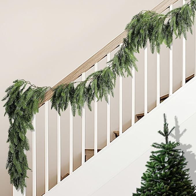 Watayo 2 Pcs Realistic Touch Norfolk Pine Garland- 4.9 Ft Artificial Realistic Christmas Garland for Mantle- Faux Norfolk Pine Cedar Garland for Christmas Fireplace Window Home Indoor Outdoor Decor