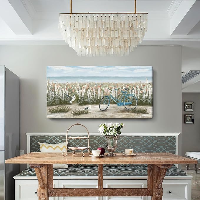Canvas Wall Art for Living Room Boho Beach Coastal Floral Print Seaside Blue Bicycle with Pink Flowers Seagull Seascape Painting Seashore Wildflower Landscape Vintage Farmhouse Decor Artwork 48x24inch