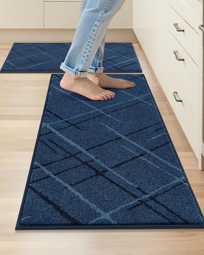 COSY HOMEER Kitchen Mats, 2 PCS Kitchen Rug Non Slip Washable, Absorbent Runner Rugs for Kitchen Floor, Polyester Kitchen Sink Rug 24"x36" + 24"x60"(Blue)
