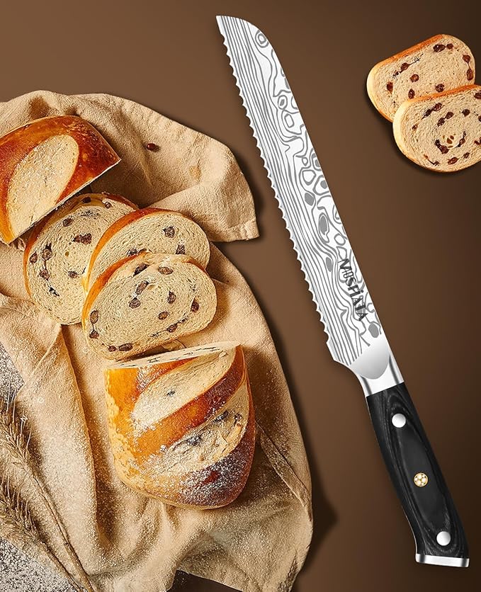 MOSFiATA Bread Knife 8” Ultra Sharp Serrated Knife, German High Carbon Stainless Steel EN1.4116 Bread Slicer with Bread Lame, Micarta Handle, For Bread, Cake, Bagels